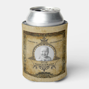21st Birthday Vintage Retro Rustic Monogram Photo Can Cooler