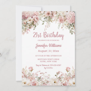  21st birthday watercolor pink floral garden chic invitation