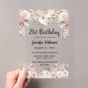21st birthday watercolor pink floral modern acrylic invitations