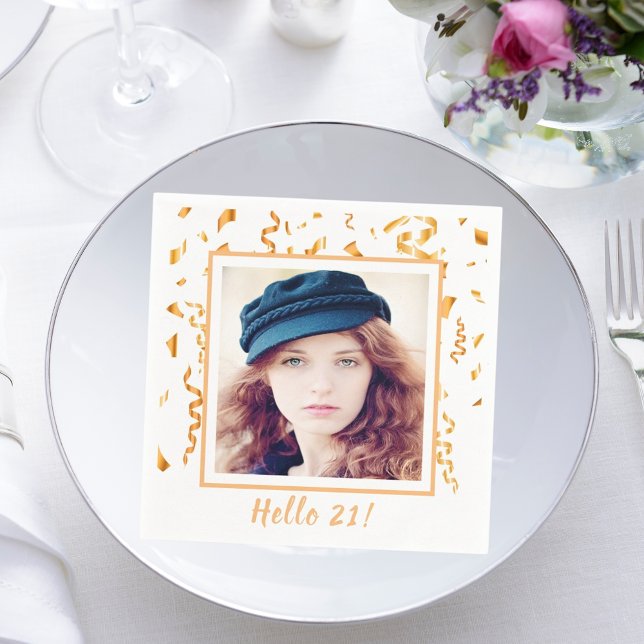 21st birthday white gold confetti photo napkin (Creator Uploaded)