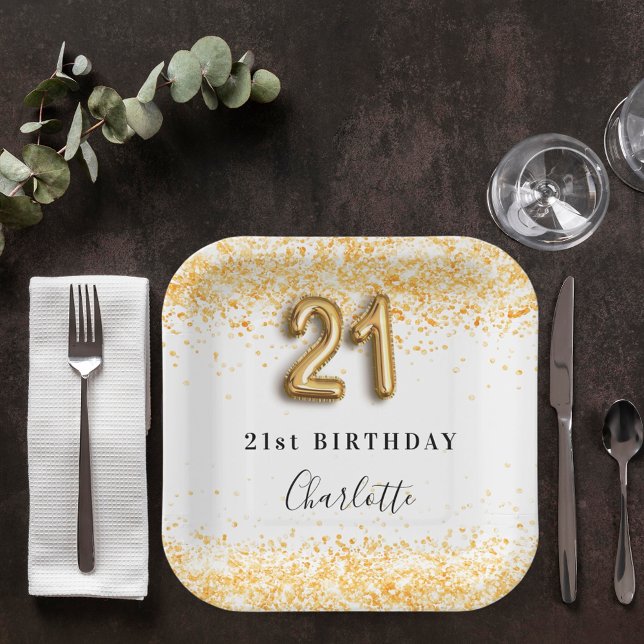 21st birthday white gold glitter name paper plate (Creator Uploaded)