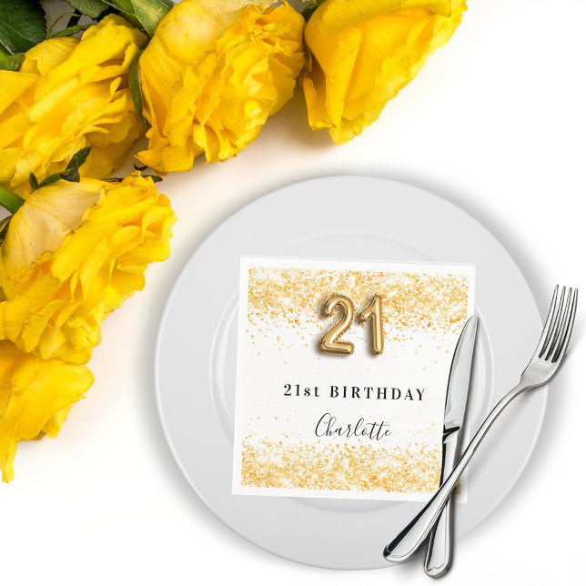 21st birthday white gold name napkin (Creator Uploaded)