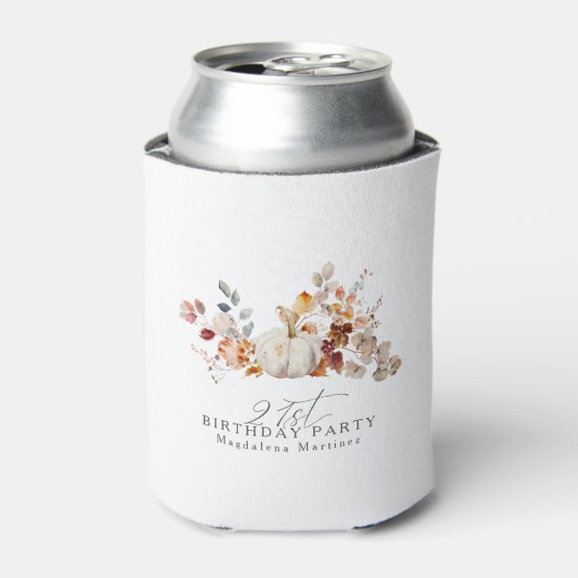 21st Birthday White Pumpkin Fall Flowers Custom Can Cooler (Can Front)