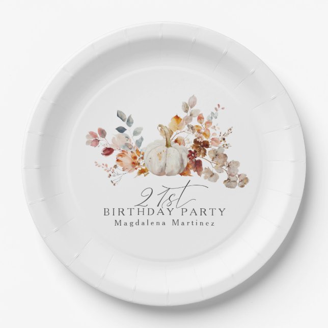 21st Birthday White Pumpkin Fall Flowers Custom Paper Plate (Front)