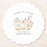 21st Birthday White Pumpkin Fall Leaves Custom Paper Coaster<br><div class="desc">Modern and elegant white pumpkin and fall leaves botanical design. The soft watercolor palette is a sophisticated blend of soft terracotta golden yellow sage and brown. Perfect for your fall birthday party.</div>