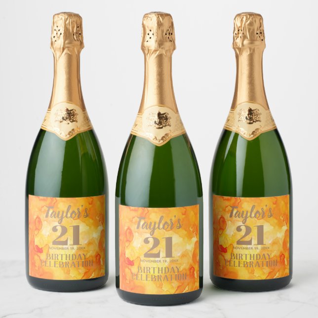 21st Birthday Yellow - Orange Watercolor Sparkling Wine Label (Bottles)