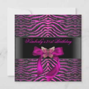21st Birthday Zebra Black Silver Pink Butterfly Invitation