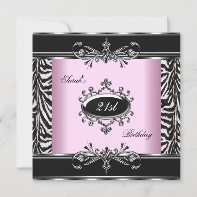 21st Birthday Zebra Black White Pink Silver Invitation (Front)