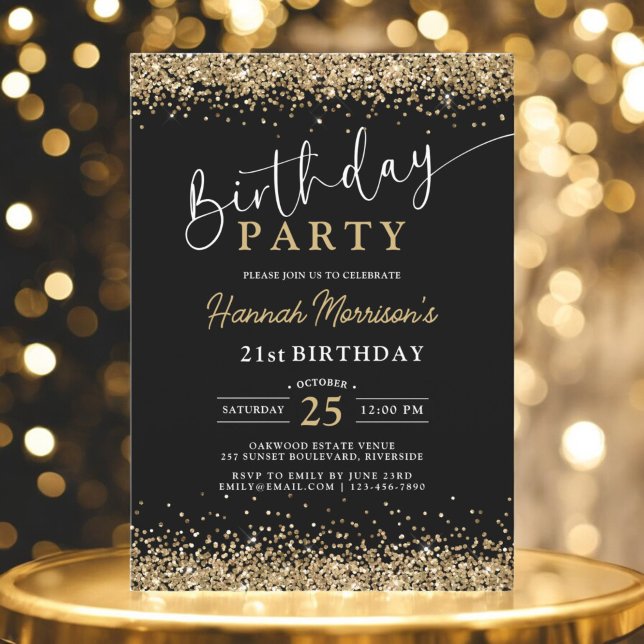 21st Black Gold Glitter Any Age Birthday  Invitation (Creator Uploaded)