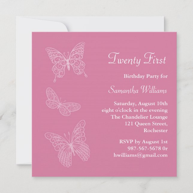 21st Butterfly Birthday Invitation (pink) (Front)