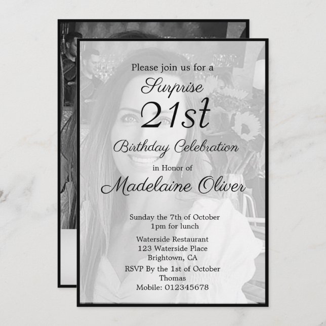21st Classy Monogram Black White Photo Birthday Invitation (Front/Back)
