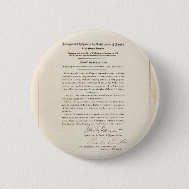 21st Constitutional Amendment Ending Prohibition 6 Cm Round Badge (Front)