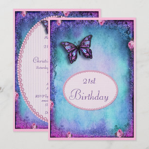 21st Faux Glitter, Butterfly, Roses & Lace Invitation