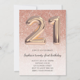 21st Girl Birthday Rose Gold Glitter Elegant Invitation
