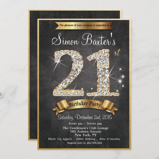 21st Gold Diamond Chalkboard Birthday Invitation (Front/Back)