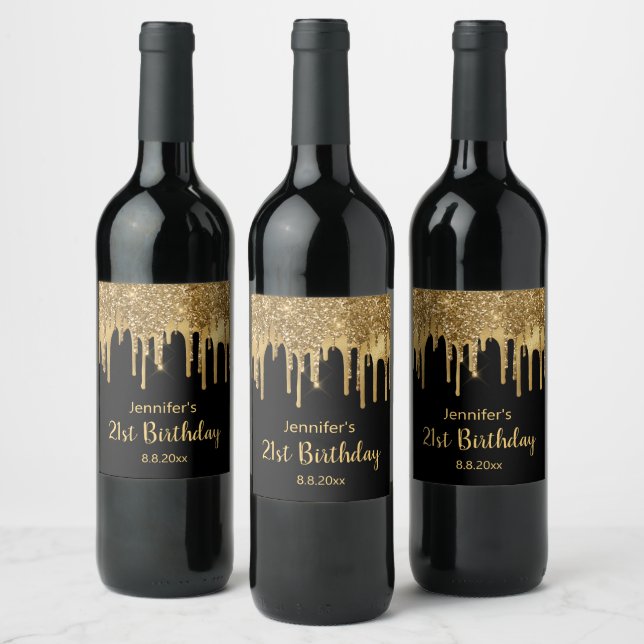 21st happy birthday black golden glitters wine label (Bottles)