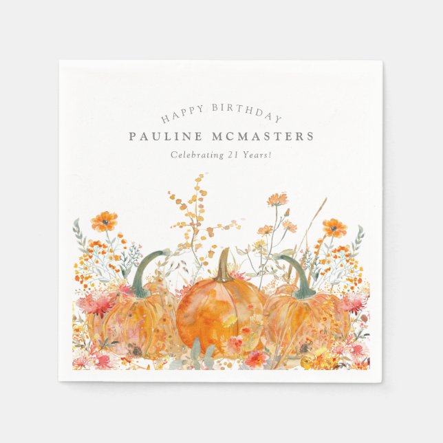 21st Happy Birthday Pumpkin Wildflower Custom Napkin (Front)
