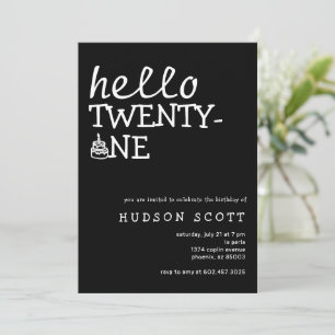 21st Mens Birthday Party Hello Twenty-One Black Invitation