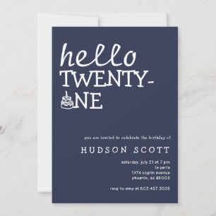  21st Mens Birthday Party Hello Twenty-One Navy Invitation