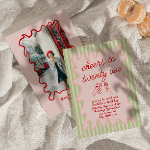 21st Pink Hand Drawn Colourful Photo Birthday  Invitation