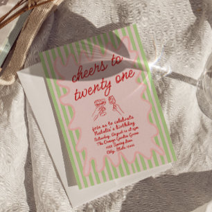 21st Pink Hand Drawn Colourful Stripes Birthday  Invitation