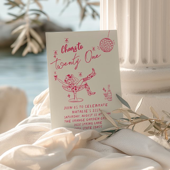 21st Pink Hand Drawn Cowgirl Coastal Fun Birthday Invitation (Creator Uploaded)