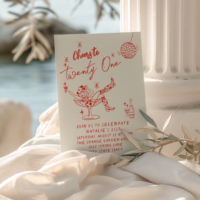 21st Red Hand Drawn Cowgirl Coastal Fun Birthday Invitation (Creator Uploaded)