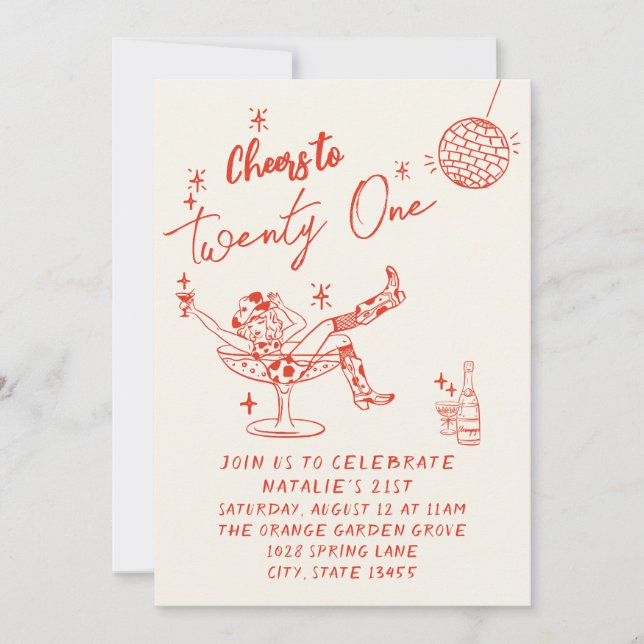 21st Red Hand Drawn Cowgirl Coastal Photo Birthday Invitation (Front)