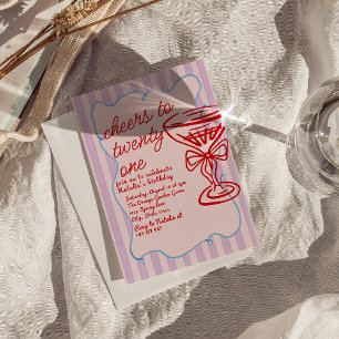 21st Red Pink Hand Drawn Champagne Glass Birthday Invitation