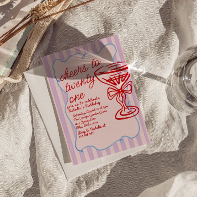 21st Red Pink Hand Drawn Champagne Glass Birthday  Invitation (Creator Uploaded)
