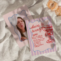 21st Red Pink Hand Drawn Champagne Photo Birthday