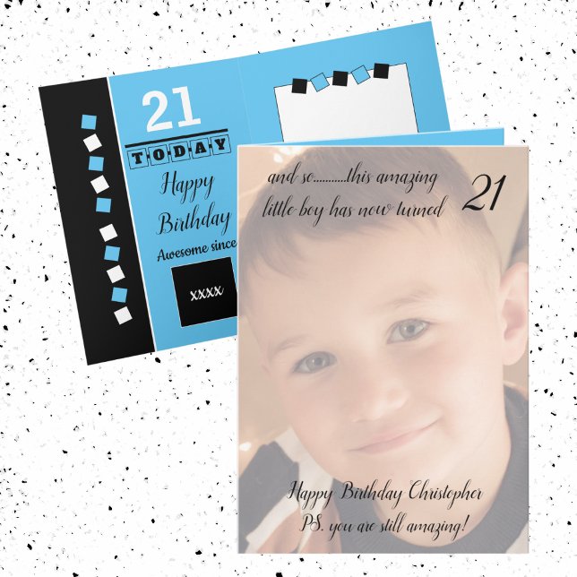 21st still amazing blue and black birthday photo card (Creator Uploaded)