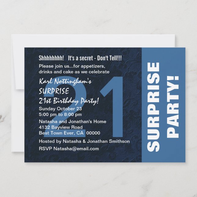 21st SURPRISE Birthday Party Modern Midnight Blue Invitation (Front)