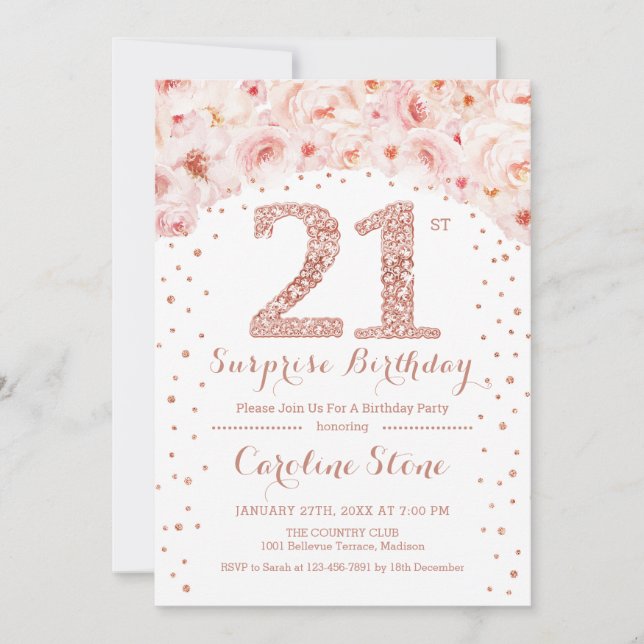 21st Surprise Birthday Party - White Rose Gold Invitation (Front)