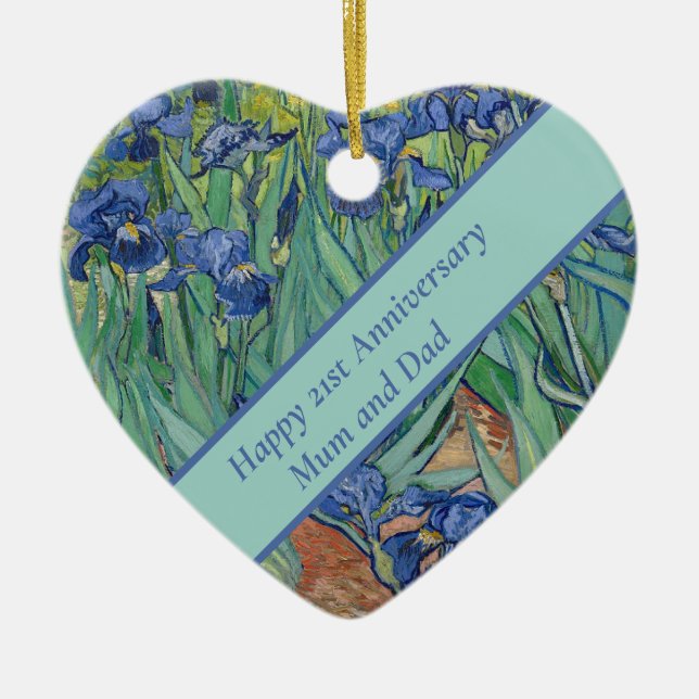 21st Wedding Anniversary blue Iris Flower Ceramic Tree Decoration (Front)