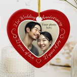 21st Wedding Anniversary Photo Ceramic Tree Decoration<br><div class="desc">Celebrate a 21st happy year of marriage with a custom photo ornament in a delightful heart shape frame. Simply upload your own photo of the married couple and it will appear in the cutout. The red surround features a white script font and decorations. The words are: 21st Wedding Anniversary -...</div>