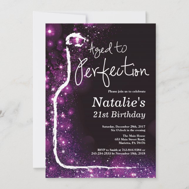 21st Wine Birthday Aged to Perfection Purple Invitation (Front)