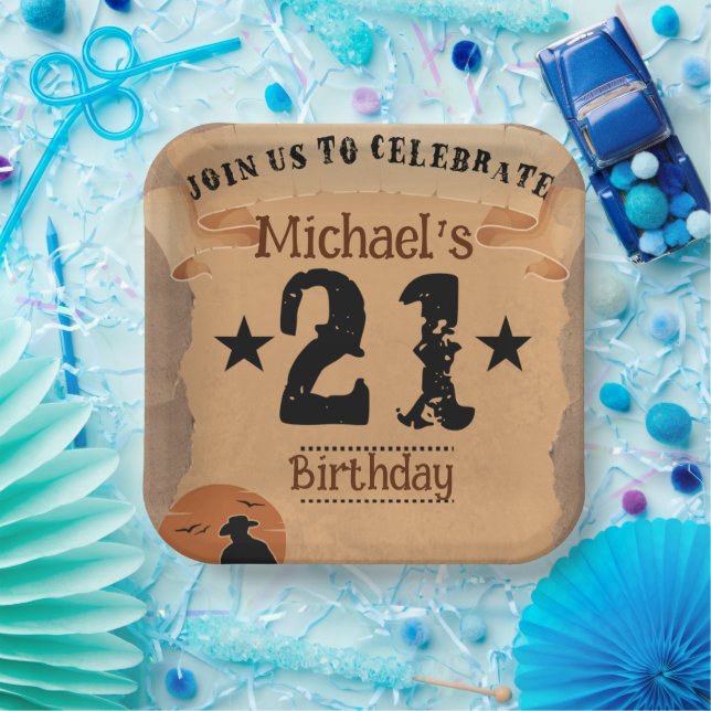 21Th Birthday Cowboy Wild  West  Old Paper Plate (Party)