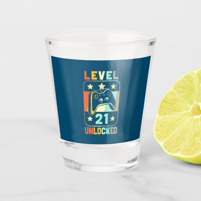 21th Birthday Gift | Level 21 Unlocked Shot Glass (Front)