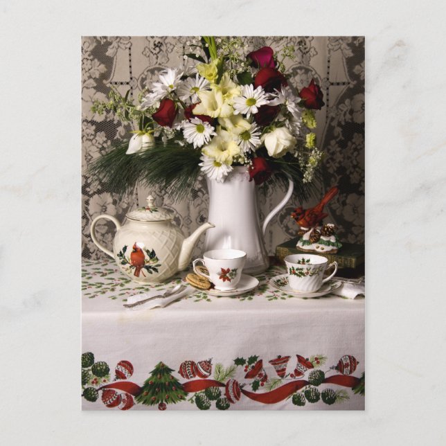 2209 Teatime Floral Still Life Christmas Holiday Postcard (Front)