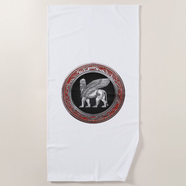 [220] Assyrian Winged Lion - Silver Lamassu Beach Towel (Front)
