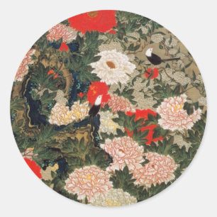 22. 牡丹小禽図, 若冲 Peonies & Small Birds, Jakuchū Classic Round Sticker