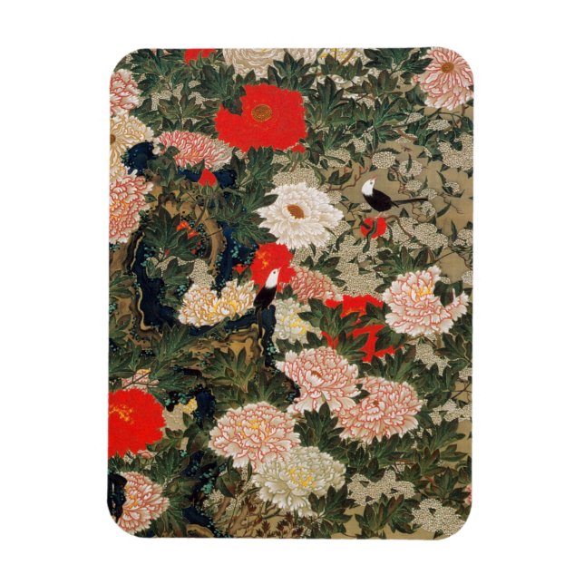 22. 牡丹小禽図, 若冲 Peonies & Small Birds, Jakuchū Magnet (Vertical)