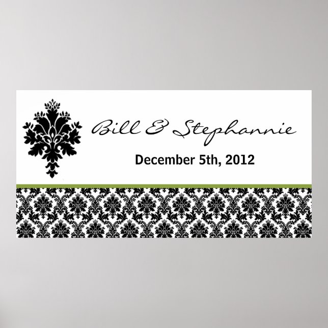 22.5"x7.5" Personalised Banner Black Green Damask Poster (Front)