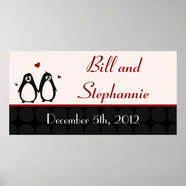 22.5"x7.5" Personalised Banner Penguin Love Couple Poster (Front)