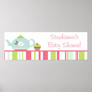22.5"x7.5" Personalised Banner Tea Party Pink Poster