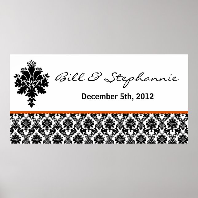 22.5"x7.5" Personalized Banner Black Orange Damask Poster (Front)
