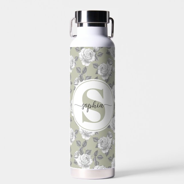 22 oz.Rose Garden Monogram Sage Green Water Bottle (Front)