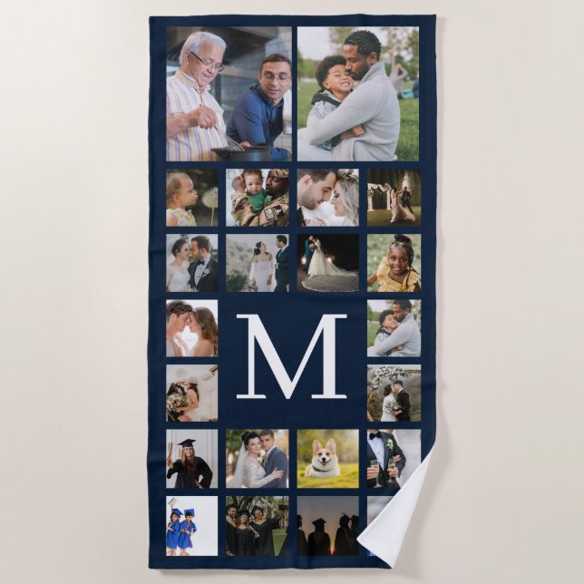 22 Photo Family or Collage With Text Navy Blue  Beach Towel (Front)
