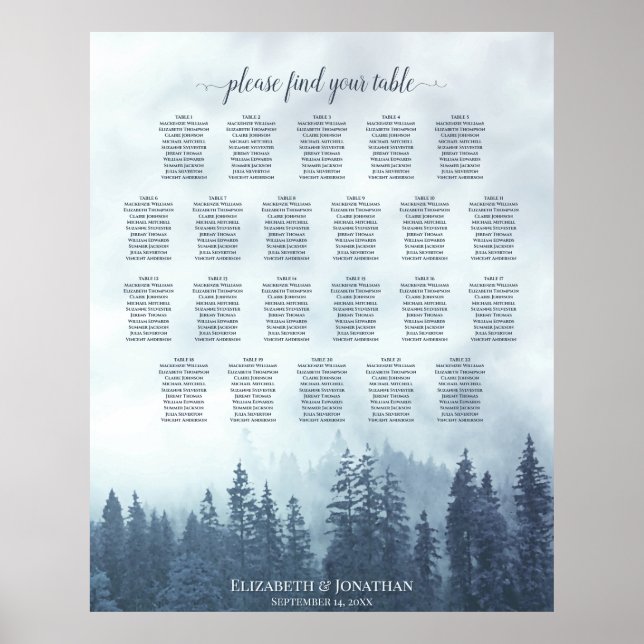 22 Table Blue Pine Trees Wedding Seating Chart (Front)